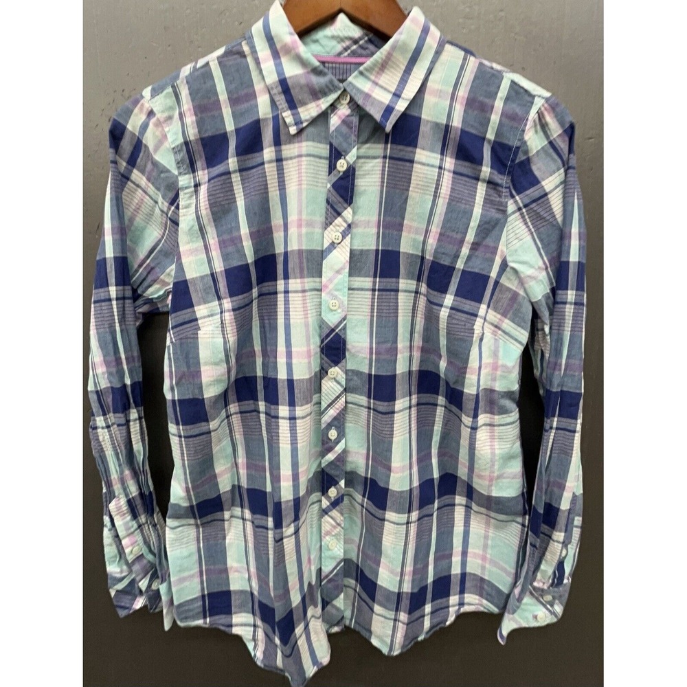 Talbots Shirt M Blue Pink Plaid Long Sleeve Button Up Cotton Preppy Top